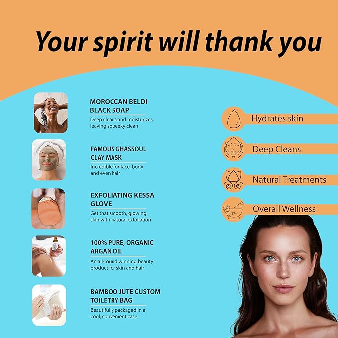 Moroccan Hammam Spa Rejuvinating Ritual Beauty Skincare Kit - 6 piece, Moroccan Lavender Black Soap, Body Clay, Argan Oil, Pure & Natural, Purifying, Cleansing, exfoliating for every skin type.