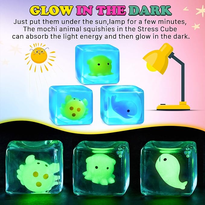 Squishy Stress Cube Fidget Toys Adults - Glow in The Dark Sensory Toys for Kids with Autism Stress Balls for Kids Squeeze Toys for Anxiety Stress Relief Gifts Whale Crab Octopus