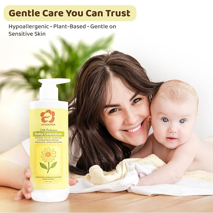 KINDORA 2-in-1 Calendula & Oat Baby Shampoo & Body Wash | Gentle, Tear-Free & Hypoallergenic Bath Wash for Sensitive Skin | Organic, Vegan & Plant-Based Cradle Cap Treatment – 16.9 fl oz