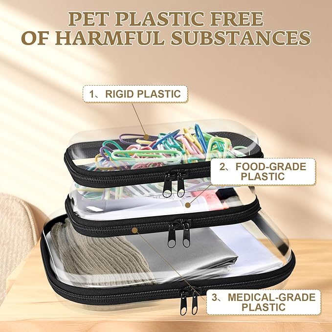 Clear Hard Shell Zipper Case 3 Pack, Hard Plastic Bag, Clear Travel Toiletry Pouch,Portable Cosmetic Bag with Zipper,Toy Storage Bins, Pencil Storage Organizer, Office Supplies Storage Case