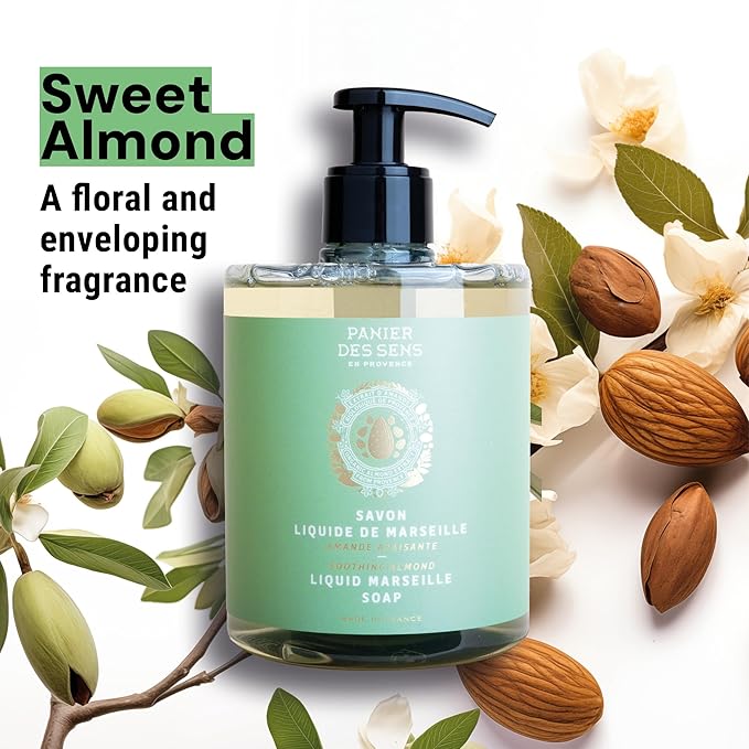 Panier des Sens - Liquid Hand Soap - Almond Hand Wash - French Marseille Moisturizing Hand Soap with Coconut Oil - Refillable Kitchen - 96% Natural Ingredients -16.9 Fl.oz
