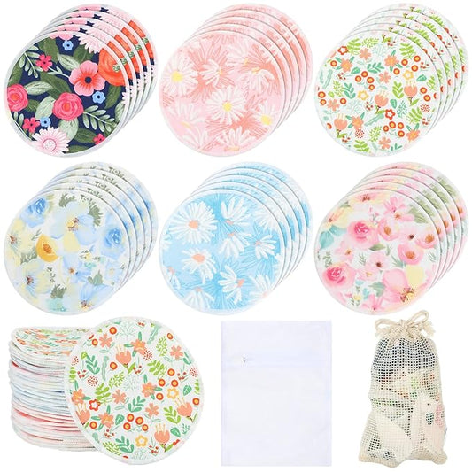 Sosation 30 Pcs Reusable Breast Pads Nursing Covers with Wet and Laundry Bag Floral Nipple Pads for Breastfeeding Mom Gift