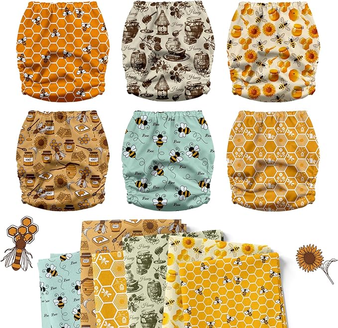 Mama Koala 3.0 Pocket Cloth Diapers for Babies, 6 Pack with 6 4-Layer Natural Cloth Diaper Inserts - Reusable and Washable Pocket Diapers (S-Hardworking Bees)