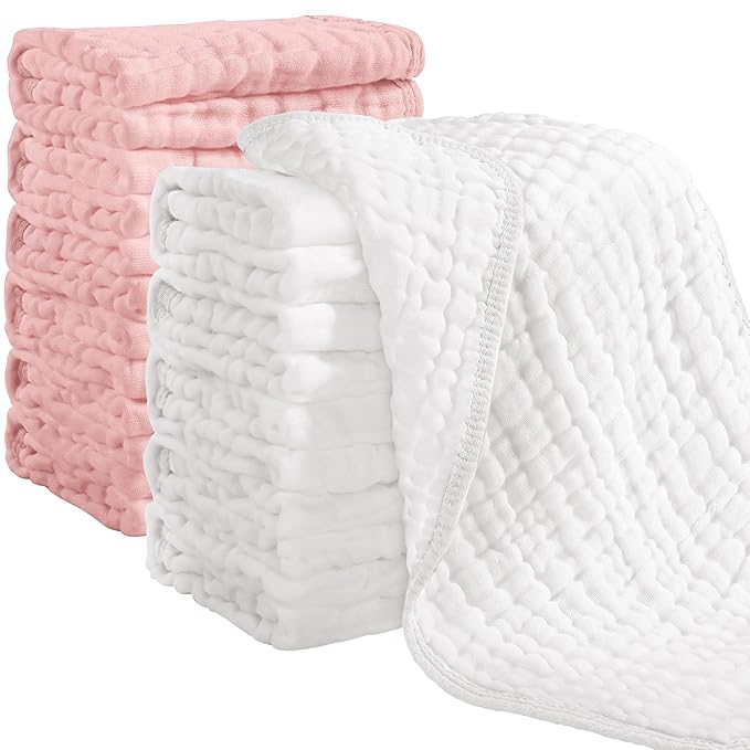 Looxii Muslin Burp Cloths 100% Cotton Muslin Cloths 12 Pack Large 20''x10'' Extra Soft and Absorbent Baby Burping Cloth for Boys and Girls (White+Pink)