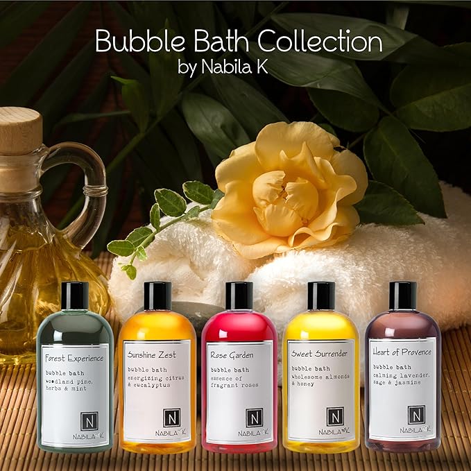 Assorted Bubble Bath Collection (Set of 5) by Nabila K - Forest Experience, Sunshine Zest, Rose Garden, Sweet Surrender, Heart of Provence - Essential Oils with Natural Ingredients - 16 oz