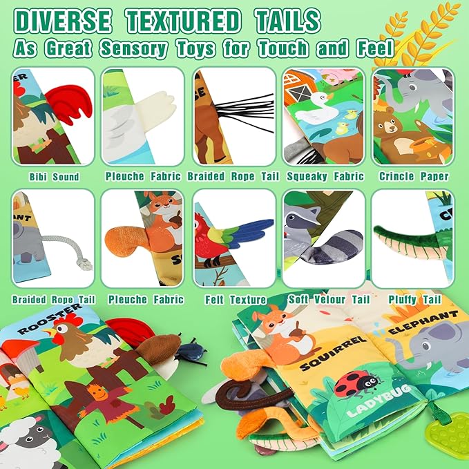 Soft Baby Book - Baby Toy - Newborn Boys Girls Shower Gift - Tummy Time Toy for Infant 0-6 6-12 Months - Touch and Feel Sensory Crinkle Book with Teether for Toddler