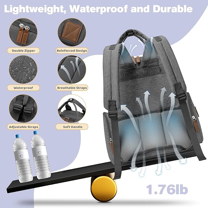 Diaper Bag Backpack - Large Diaper Bag with Portable Changing Pad as Baby Shower Gifts, Lightweight Waterproof Unisex Travel Baby Bag with 4 Insulated Pockets and Stroller Buckles, Dark Grey