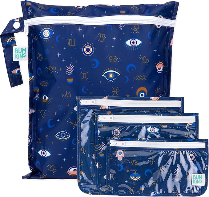 Bumkins - Waterproof Wet Bag & Clear Travel Bags - For Beach, Baby, Travel, Swim Suit, Cloth Diapers, Pump Parts, Pool, Gym, Toiletries - Reusable & Easy to Clean - Evil Eye - 4 Pack