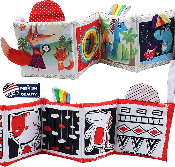 High Contrast Tummy Time Toys, Black and White Crinkle Books for Babies, Baby Books 0-6 Months, Infant Mirror Toy with Teether, Double-Sided Baby Toys for Boys and Girls