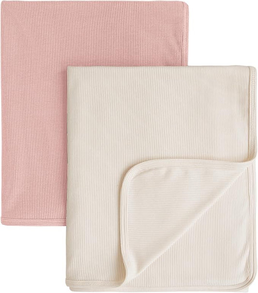 Konssy Knit Baby Blanket 2 Pack, Soft Ribbed Swaddle Receiving Blankets for Boys & Girls, Lightweight Cozy Swaddling Wrap for Newborns, Infants, & Toddlers, 33x42 Inch (Pink,Beige)