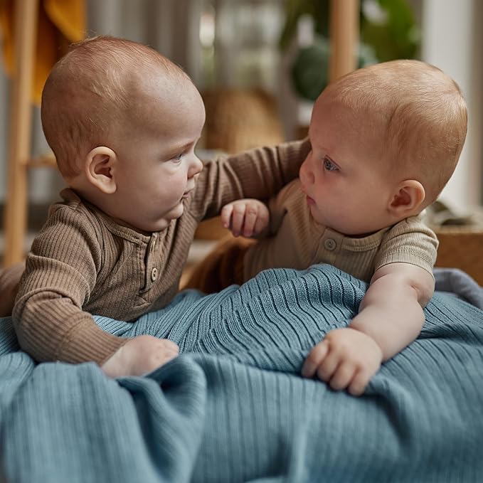 Knitted Organic Cotton Baby Blanket- Swaddle Blanket, 30" x 40" Soft Receiving Blanket for Newborn (Ribbed - Polar Blue)