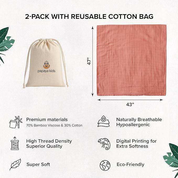 Baby Girl Muslin Swaddle Blanket for Newborns, Pink & White 2-Pack – Soft Viscose derived from Bamboo & Cotton Muslin Baby Blankets, 47x43, Breathable Receiving Blankets, Gifts for Baby