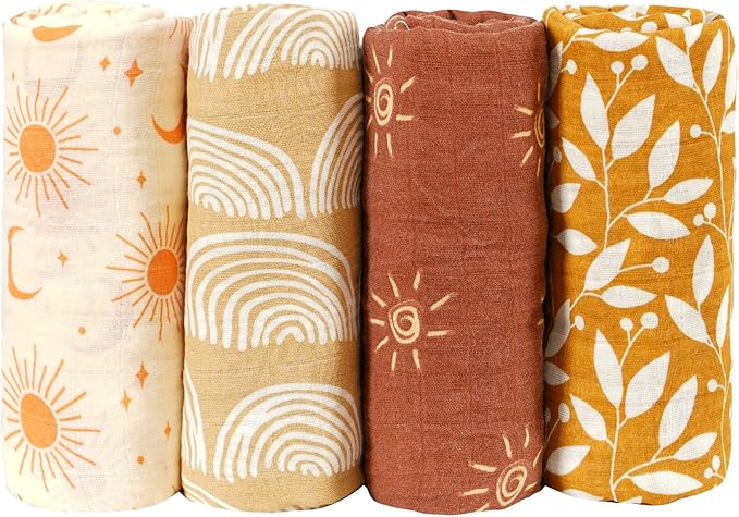 4 Set Muslin Swaddle Blankets for Newborn Baby Boys, Girls - Cute Soft Print Baby Towel Wrap 120x110cm - Yellow Floral