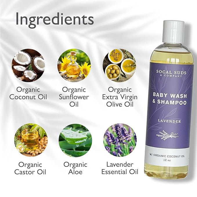 SoCal Suds & Company Organic Baby Shampoo and Body Wash - 2-in-1 Castile Soap, Hypoallergenic, Sensitive Skin, Natural Soap, Toddler Shampoo, Infant, Newborn, Kids Body Wash - 12oz Lavender