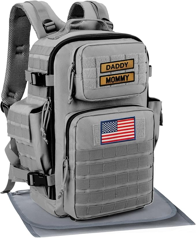 SHARKMOUTH Baby Diaper Bag for Dad - Large Military Daddy Gear Backpack with Changing Pad for Travel Camping Hiking - Newborn Baby Shower Gifts Gray