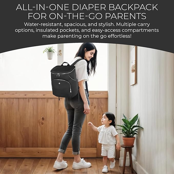 Diaper Bag Backpack 2 Pack - Waterproof - 11 Pockets & Insulated Bottle Pocket - Extra Mini-Pouch Included - Diaper Bag Neoprene Exterior - Black
