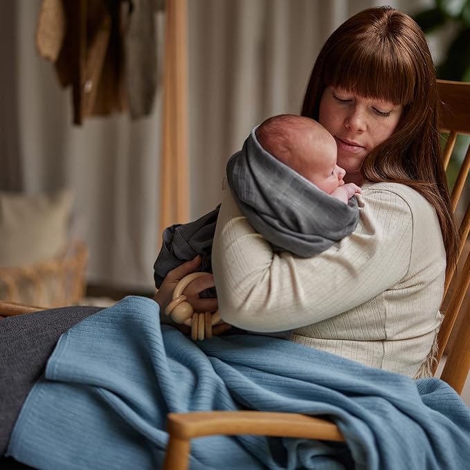 Knitted Organic Cotton Baby Blanket- Swaddle Blanket, 30" x 40" Soft Receiving Blanket for Newborn (Ribbed - Polar Blue)