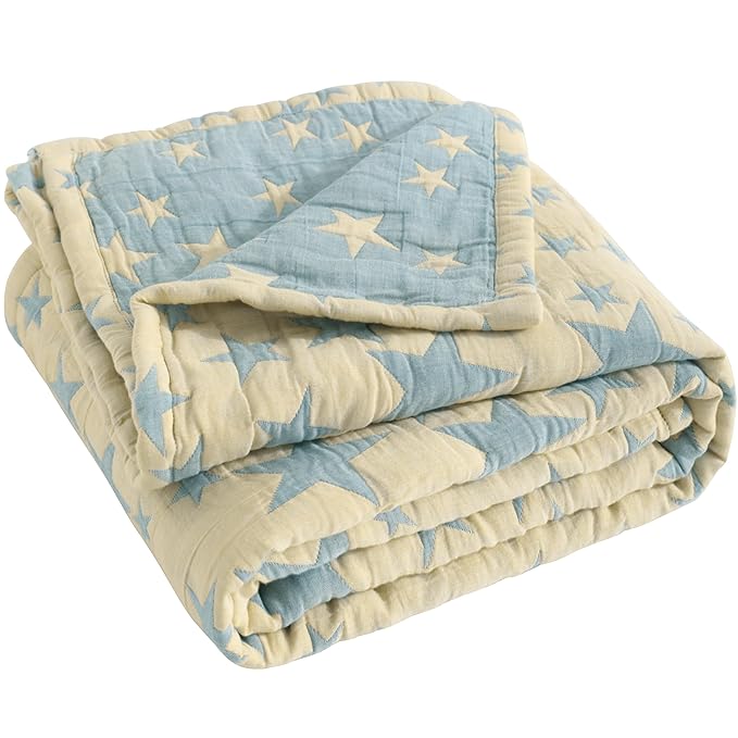 NTBAY 3 Layer Toddler Blanket, Muslin Cotton Jacquard Bed Blankets, Lightweight Thermal Baby Blanket, Super Soft and Warm Crib Blanket for All Seasons, Decoration Gift, 30"x40", Blue and Yellow Star
