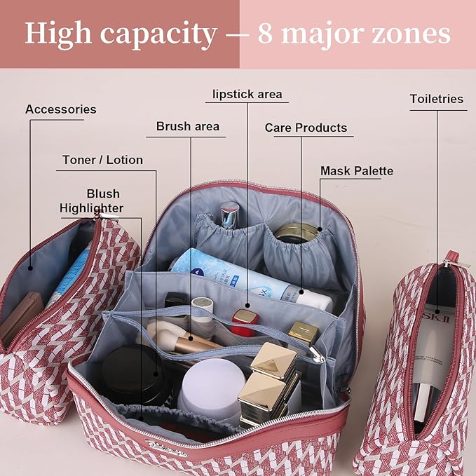 BOYATU Travel Makeup Bags for Women: Large Capacity Cosmetic Bag Set of 3 - Vegan Leather Make up Bags with Compartments - Wide Open Waterproof Toiletry Organizer Bag with Handle (B-03-Red)