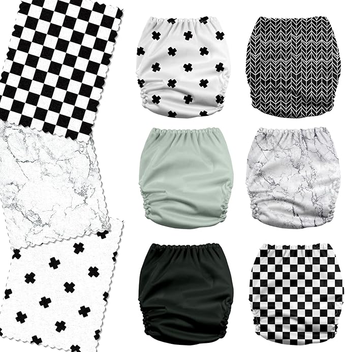 Mama Koala 3.0 Pocket Cloth Diapers for Babies with AWJ Lining, 6 Pack with 6 4-Layer Natural Cloth Diaper Inserts - Reusable and Washable Pocket Diapers (Black and White)