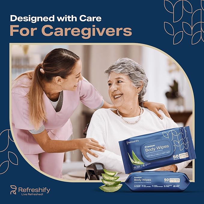 XL Aloe Vera Shower Body Wipes for Adults 8" x 12" (200 count) Adult Wipes for Elderly, Shower Body for Adults Bathing No Rinse, Vitamin E +4 Travel