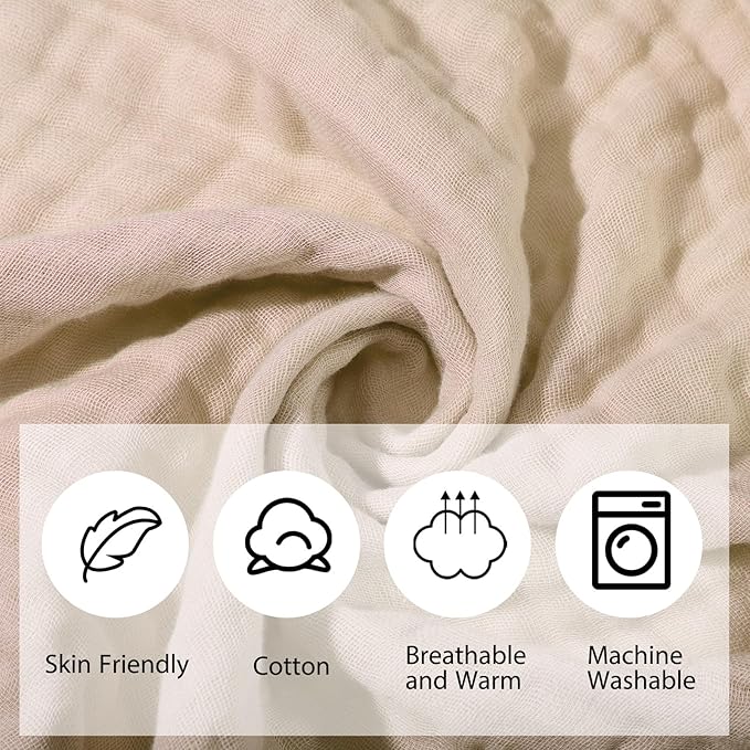 VitalCozy 6 Pcs Baby Muslin Hooded Bath Towels and Washcloths Muslin Cotton Hooded Baby Towels Absorbent Blankets for Gift Newborn Infant Shower (32 x 32 Inch,White,Beige)