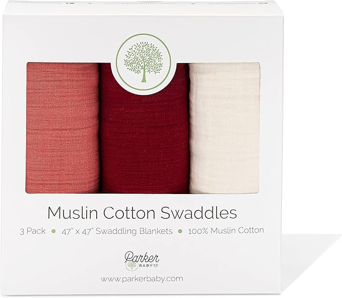 Parker Baby Co. Muslin Swaddle Blankets - Pack of 3 of 100% Cotton for Baby Girls - Rose Set