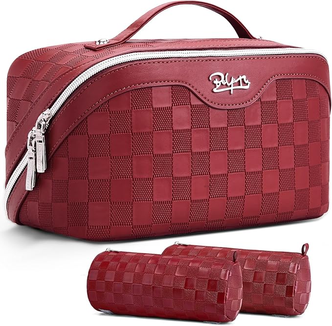 BOYATU Travel Makeup Bag Organizer Cosmetic Bag: 3 Pcs Set Make up Bags for Women with Handle - Waterproof Vegan Leather Toiletry Bags Travel Essentials Pouch with Compartments (08-Red)