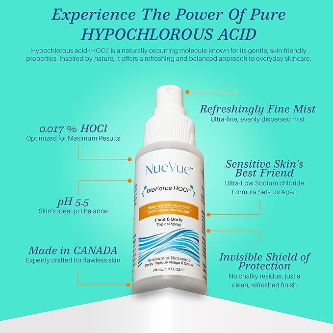 BioForce HOCl - Pure Hypochlorous Acid Spray for Face Travel Size Toner & Cleanser - Made in Canada - Acne-Prone Skin & Eczema, Piercing aftercare, pH Balanced, Non-comedogenic - NueVue (2.3 oz)