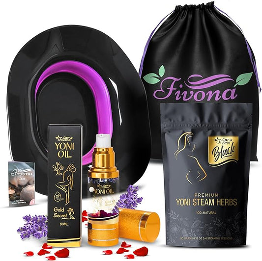 Fivona Black 4-in-1 Yoni Care Steam Kit Includes Feminine V Oil, Sitz Bath Seat, Yoni Steaming Herbs and Storage Bag - Effective Detox pH Balance Cleansing and Moisturizing