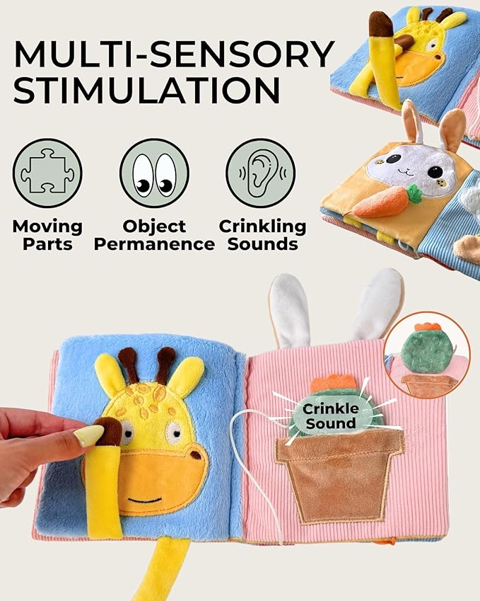 Cute Soft Baby Book with Mirror, Activities, Touch and Feel & Crinkle Pages - Interactive Sensory Cloth Toy for Babies 0-6, 6-12 & 12-18 Months - Adorable Animal Themes for Early Development