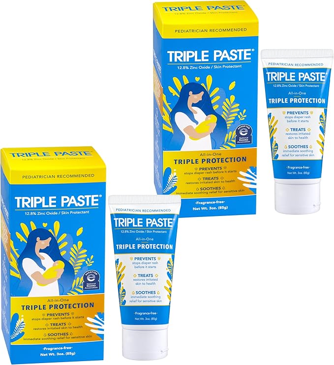 Triple Paste Diaper Rash Cream for Baby - 3 oz Tube - Zinc Oxide Ointment Treats, Soothes and Prevents Diaper Rash - Hypoallergenic Formula with Soothing Botanicals (Pack of 2)