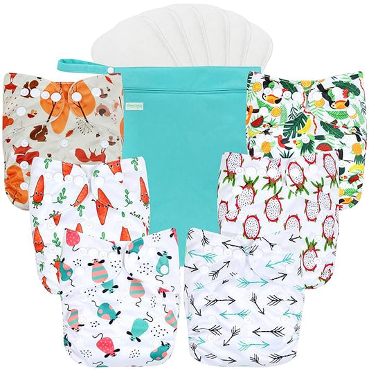 wegreeco Cloth Diapers 6 Pack with 6 Inserts & 1 Wet Bag, Washable Cloth Diapers for Babies, One Size Adjustable Reusable (Fruits, Animals)