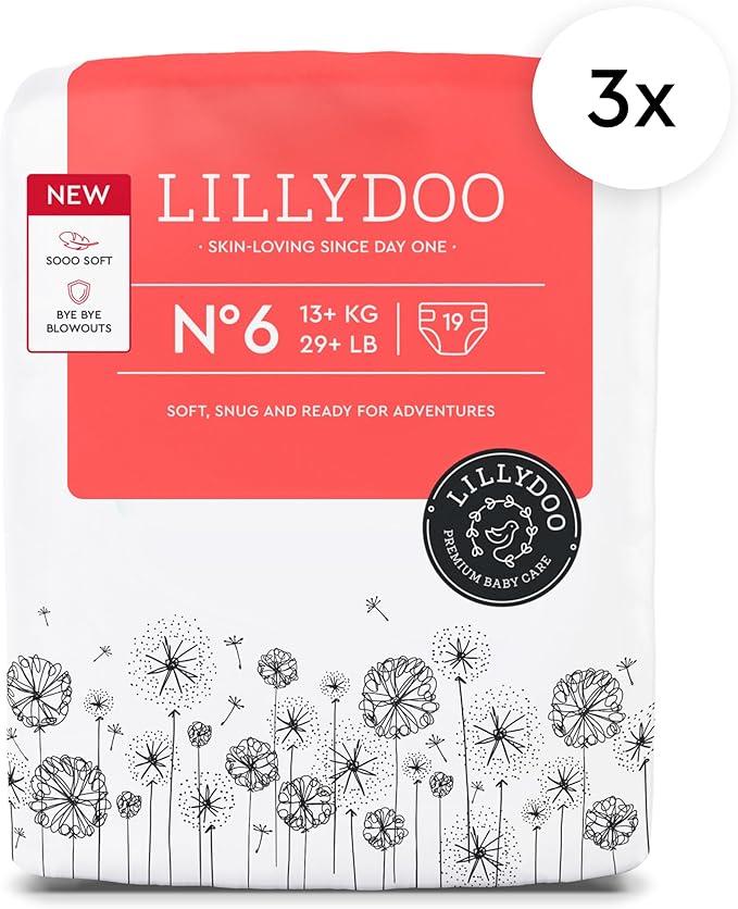 LILLYDOO Baby Diapers - Size 6 (29+ lbs), Half-Monthly Supply (57 Count), Leak Protection, Skin-Friendly, Ultrasoft, Perfume- & Chlorine-Free, Hypoallergenic, Dermatologist Tested, Oeko-TEX®
