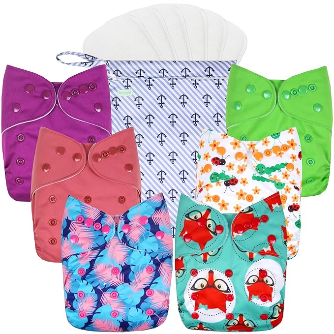 wegreeco Cloth Diapers 6 Pack with 6 Inserts, Washable Cloth Diapers for Babies, One Size Adjustable Reusable (Girl Prints + 1 Wet Bag)