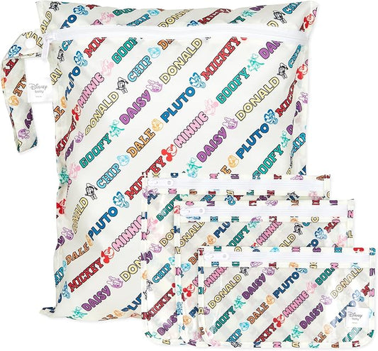 Bumkins - Waterproof Wet Bag & Clear Travel Bags - For Beach, Baby, Travel, Swim Suit, Cloth Diapers, Pump Parts, Pool, Gym, Toiletries - Reusable & Easy to Clean - Mickey and Friends White - 4 Pack