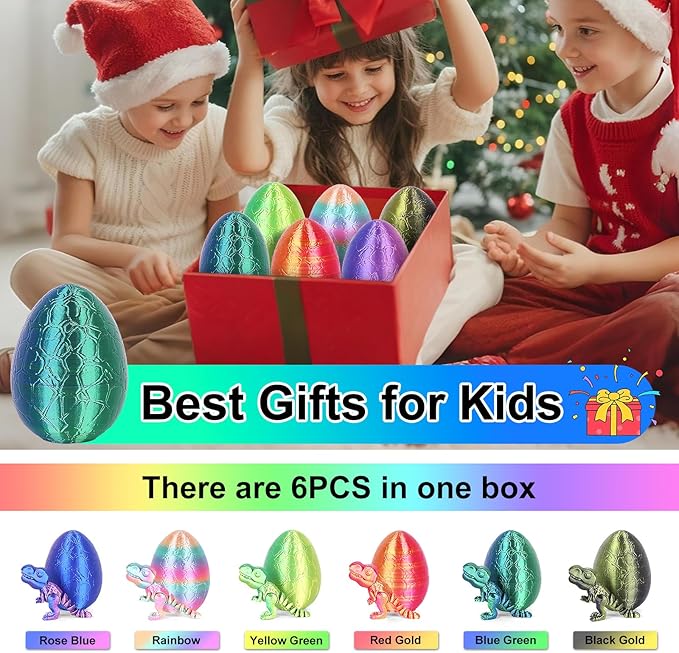 6PCS 3D Printed Dragon Egg Kids Dinosaur Toys, Articulated 3D Dinosaur Eggs with Dinosaurs Inside, 3D Printed Fidget Toys, Birthday Decorations Home Office Desk Toy(6PK Multicolored)