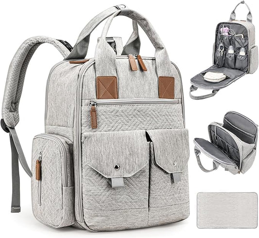 Diaper Bag Backpack - Large Diaper Bag with Portable Changing Pad as Baby Shower Gifts, Lightweight Waterproof Unisex Travel Baby Bag with 4 Insulated Pockets and Stroller Buckles, Light Grey
