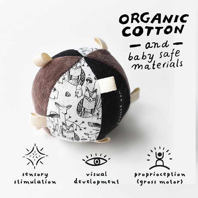 Wee Gallery Taggy Ball with Rattle, Soft Sensory Baby Toy, Sensory Ball with Organic Cotton Fabric, Little Tags & Gentle Rattle for Tummy Time, Grasping & Developmental Play, Woodland