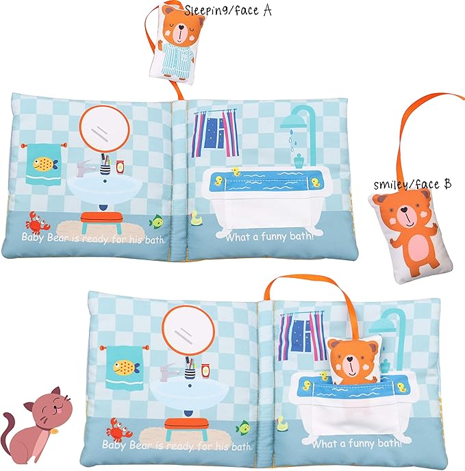 Teddy Bear Baby Book Activity Quiet Cloth Soft Books Developmental Toys Interactive Baby Books for Babies Toddlers Infants, Tummy Time Mirror Toy Gifts for Boys Girl, Goodnight W Box