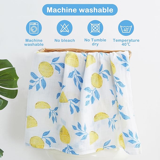 Viviland Muslin Swaddle Blankets, Swaddle Wrap for Boys and Girls, Breathable and Skin-Friendly Baby Receiving Blankets, Baby Essentials, 4-Pack Lemon & Leaves, 47 x 47 inches