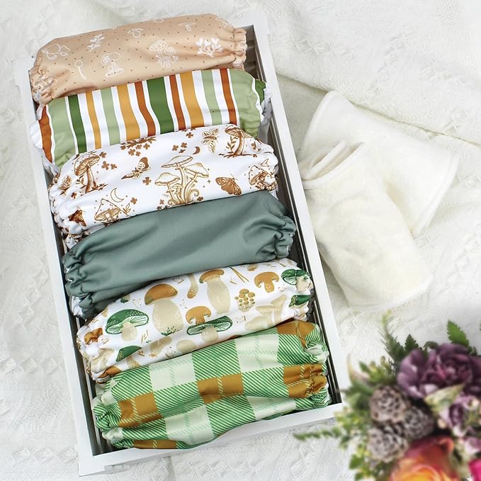 Mama Koala 3.0 Pocket Cloth Diapers for Babies with AWJ Lining, 6 Pack with 6 5-Layer Natural Cloth Diaper Inserts - Reusable and Washable Pocket Diapers(A-Mushrooms)