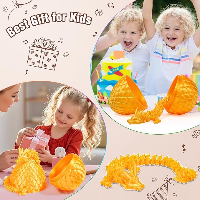 12''3D Printed Dragon and 4.73''Egg - 3D Printed Toys, Articulated Crystal Dragon Egg with Dragons Inside Fidget Toy, Decor Dragons Collectible Figurines (Silk Gold,12inch)