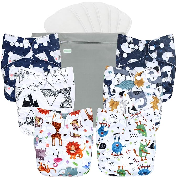 wegreeco Cloth Diapers 6 Pack with 6 Inserts & 1 Wet Bag, Washable Cloth Diapers for Babies, One Size Adjustable Reusable (Cool Animals)