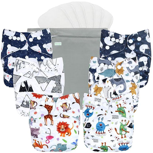 wegreeco Cloth Diapers 6 Pack with 6 Inserts & 1 Wet Bag, Washable Cloth Diapers for Babies, One Size Adjustable Reusable (Cool Animals)