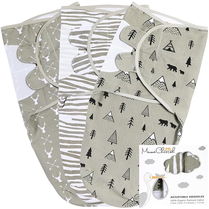 Mama Cheetah Organic Baby Swaddle Blankets 3 Pack, Easy to Use Adjustable Swaddling Swaddles for 0-3 Months Boy Girl Newborn Essentials, Grey