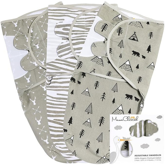 Mama Cheetah Organic Baby Swaddle Blankets 3 Pack, Easy to Use Adjustable Swaddling Swaddles for 0-3 Months Boy Girl Newborn Essentials, Grey