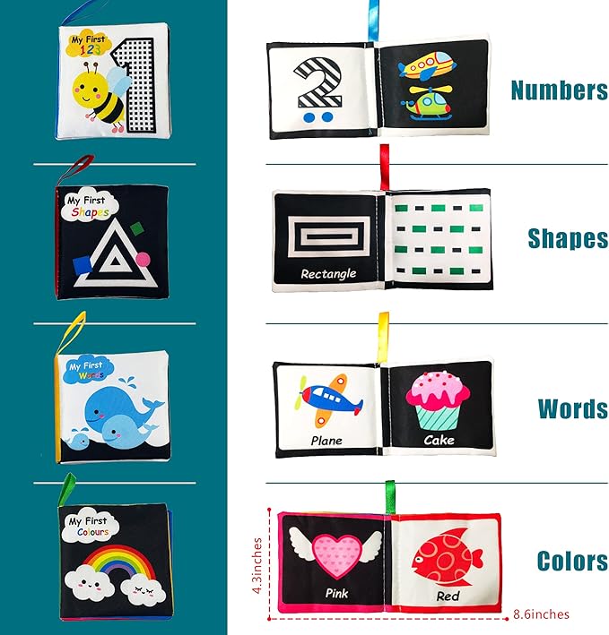 Soft Cloth Baby Book Toy 0-6 Months, Black White Baby Learning Book(Pack of 4),Touch and Feel Crinkle Infants 6-18 Months,Early Educational Toy 0-3, Gift for Babies Infants