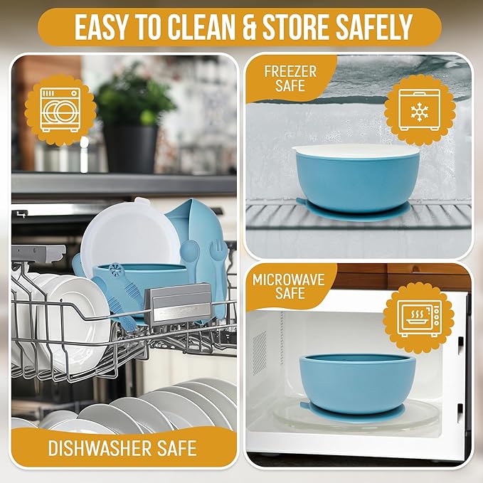 6 Piece Baby Bowls With Suction and Lids | Toddler Bowl Set with 1 Bowl, 1 Bib, 2 Baby Spoons, 1 Large Spoon, 1 Large Fork, Baby Feeding Essentials (1, Cream)