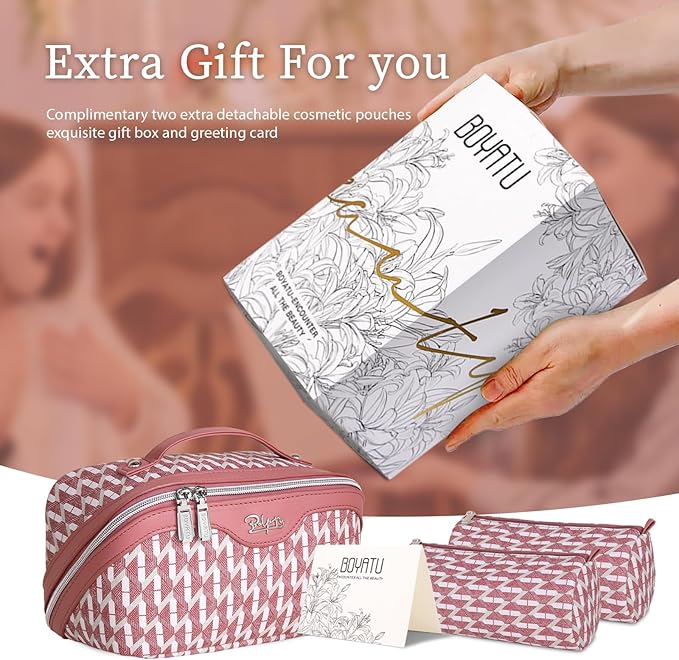 BOYATU Travel Makeup Bags for Women: Large Capacity Cosmetic Bag Set of 3 - Vegan Leather Make up Bags with Compartments - Wide Open Waterproof Toiletry Organizer Bag with Handle (B-03-Red)